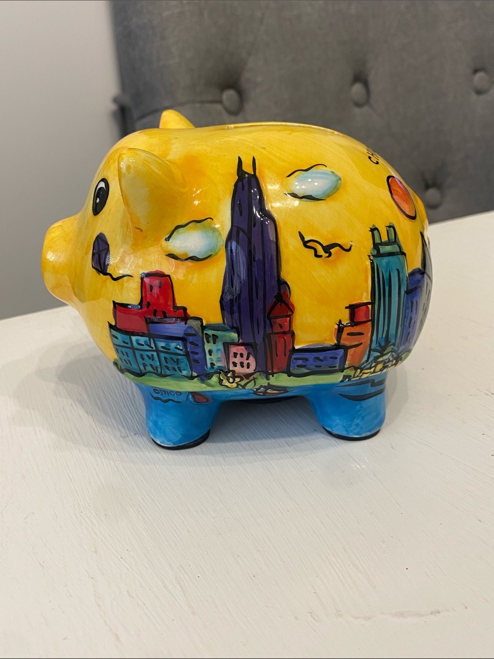 Vintage Ceramic Hand-Painted Yellow Chicago Cityscape Skyline Piggy Bank - Picture 3 of 16
